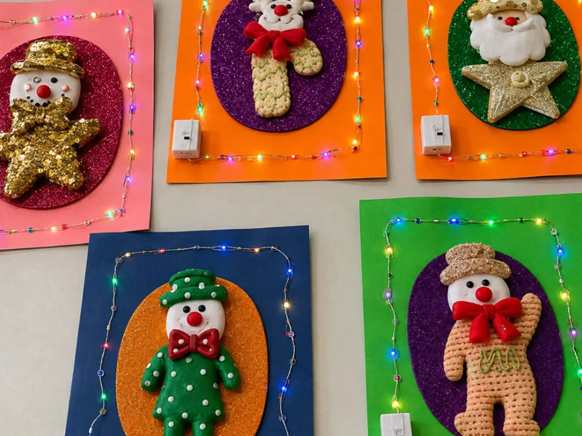 Cinq cartes de Noël colorées présentent des personnages festifs en relief, entourés de petites guirlandes lumineuses multicolores. L’image met en valeur une activité créative combinant bricolage et découverte de circuits électriques simples.