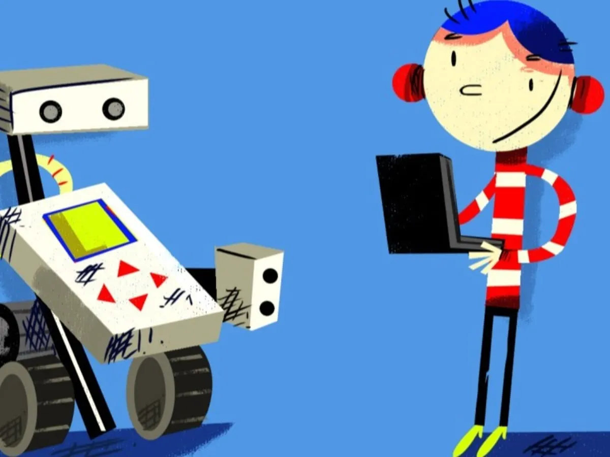 Illustration stylée d'un enfant avec un ordinateur portable devant un robot à roulettes
