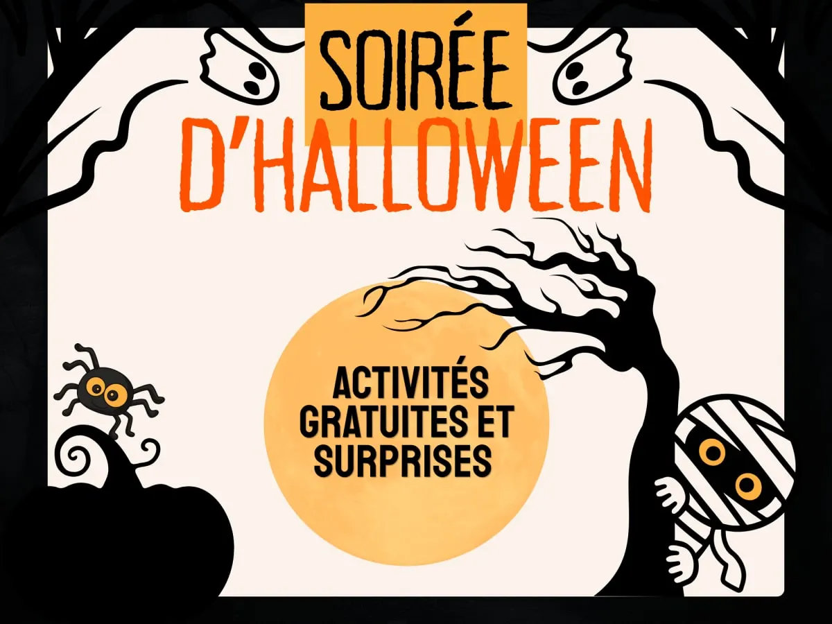 Cette image est une affiche promotionnelle pour une soirée d’Halloween au design ludique et légèrement mystérieux.