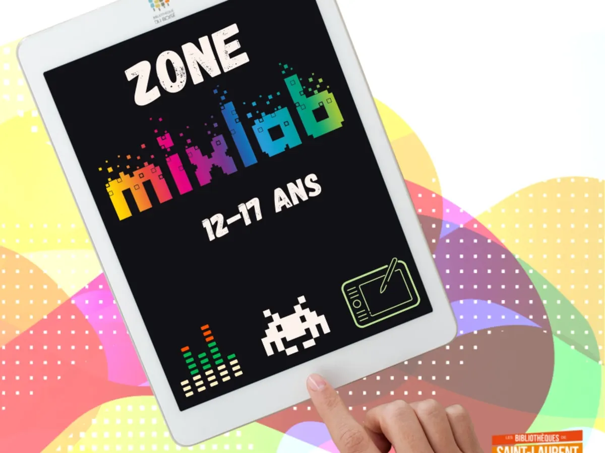 L'image montre une tablette numérique blanche affichant le logo coloré "ZONE mixlab" sur un fond noir pour 12 à 17 ans.