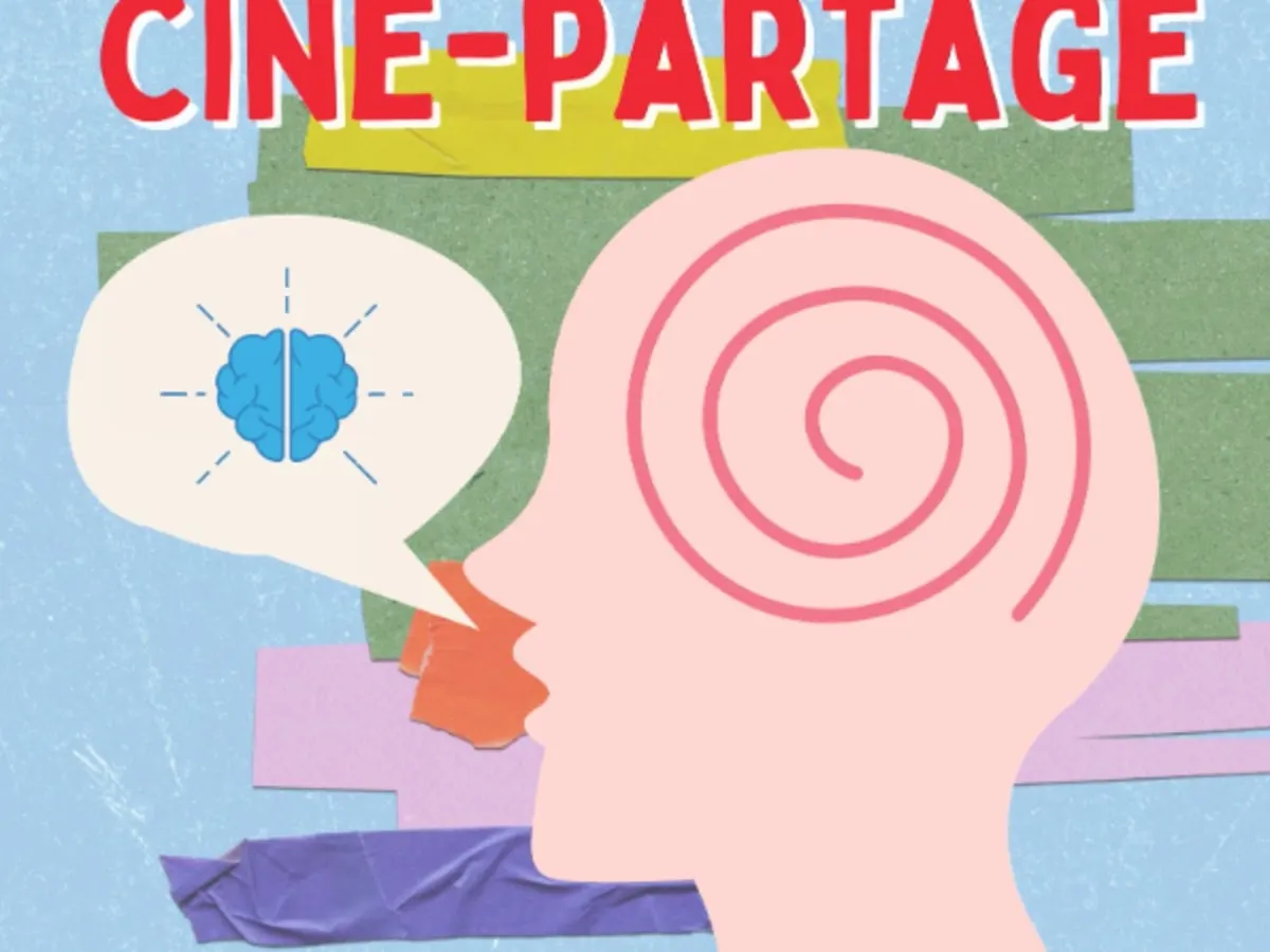 Illustration d’une silhouette rose avec une illustration d’un tourbillon dans l’esprit. Une bulle de discussion émerge de la bouche de la silhouette, au centre de laquelle on trouve une illustration d’un cerveau. Les mots « Ciné-partage » se trouvent au-dessus de la silhouette.