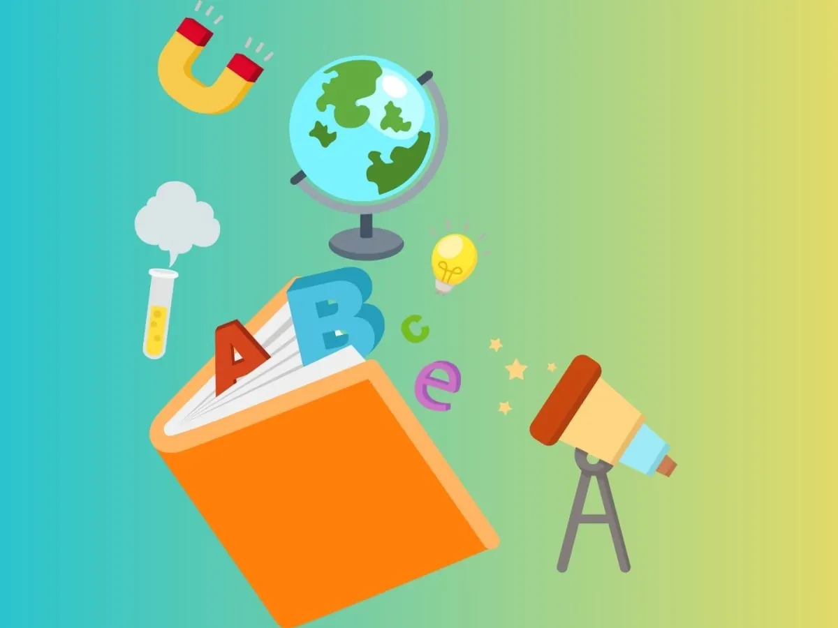 Dessin avec divers symboles, libre, globe terrestre, lettres de l'alphabet, ampoule.