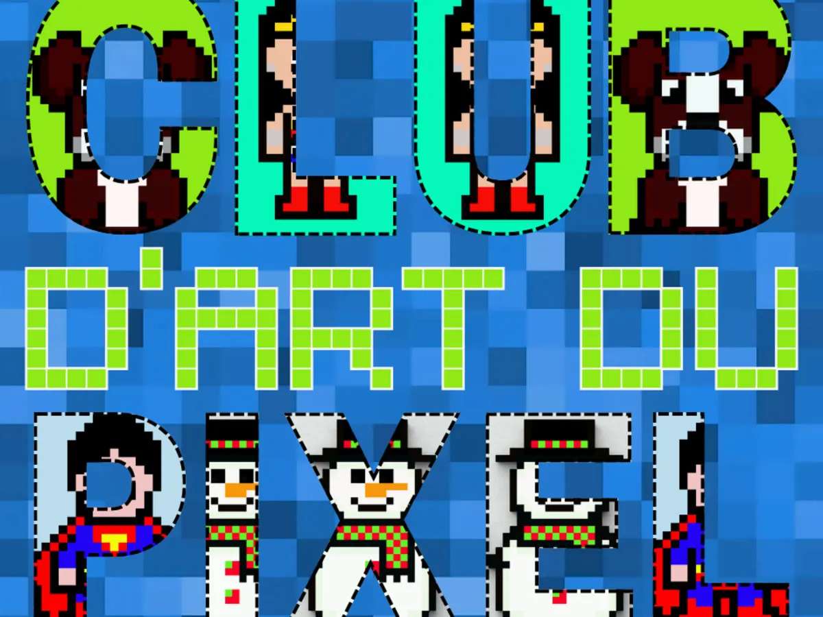 Représentations en art pixelisé, de personnages de jeux vidéo ou de fiction intégrés dans les lettres.